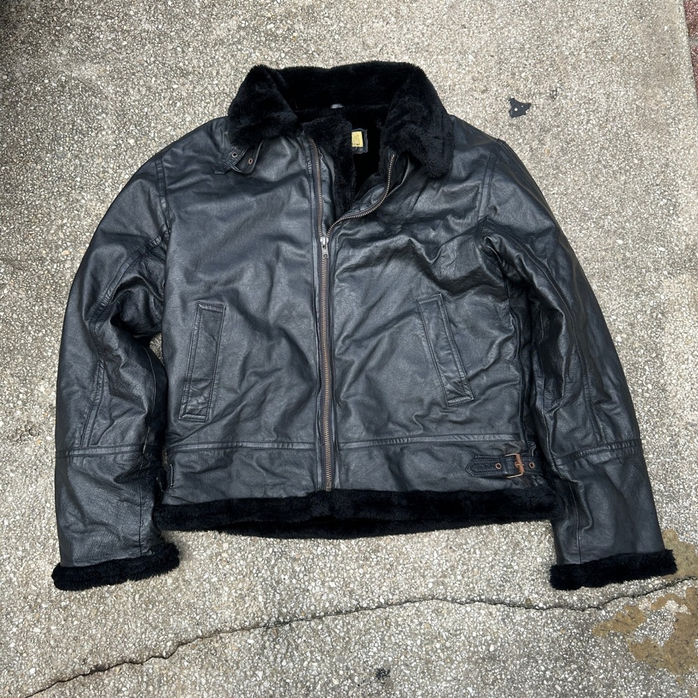 Reliable Source NY Vintage Black Leather Bomber Jacket Faux Fur Lined Mens M